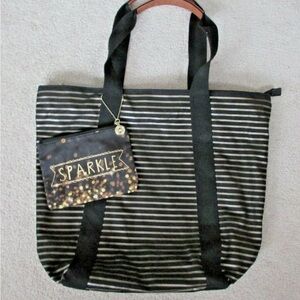 Striped sparkle Black and Brown Tote Bag with Pouch bbw NEW